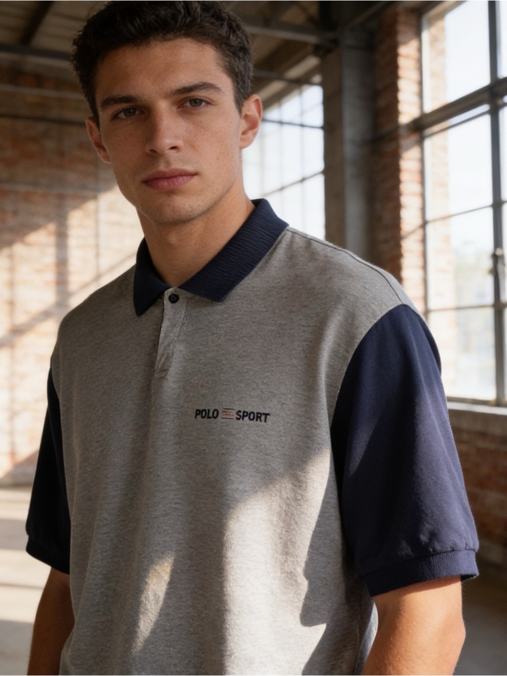Vintage Polo Sport Ralph Lauren Grey Navy Short Sleeve Polo XL Classic Preppy